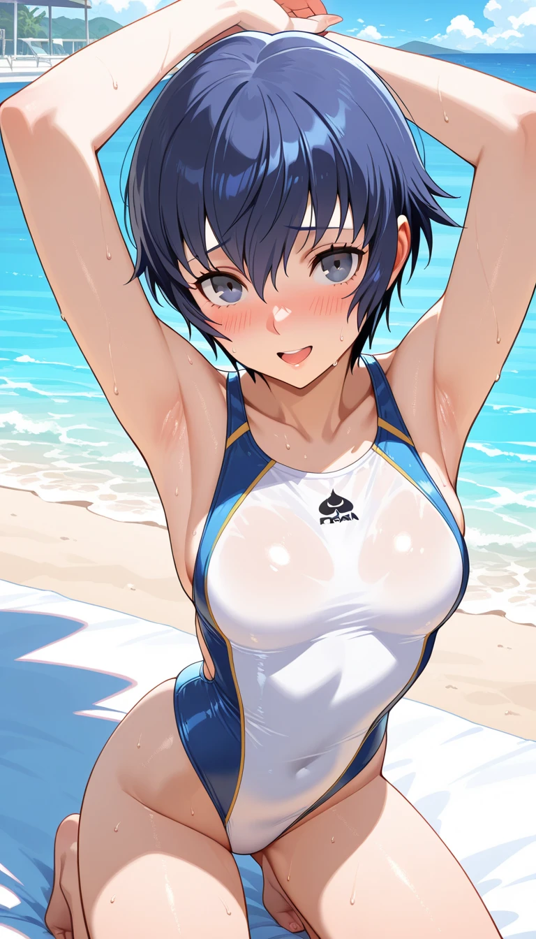 michirutojo, masterpiece, Looking at Viewer,
blue hair, large breasts,
racing suit,
Wink, Smile, Open mouth, blush,