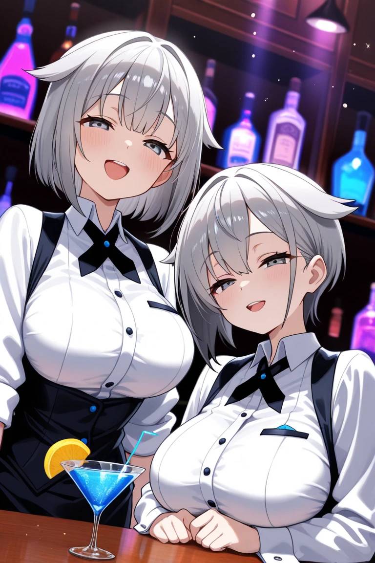 ((2heads)), ((double cleavage)), ((tribreasts)), ((masterpiece, best quality)), (1girl), (solo), (female focus), (ahoge, white hair, short hair), black eyes, light smile, open mouth, ((white shirt), (buttoned shirt), (button gap)), ((black skirt), (short skirt)), standing, white background, arms behind back, dynamic angle
