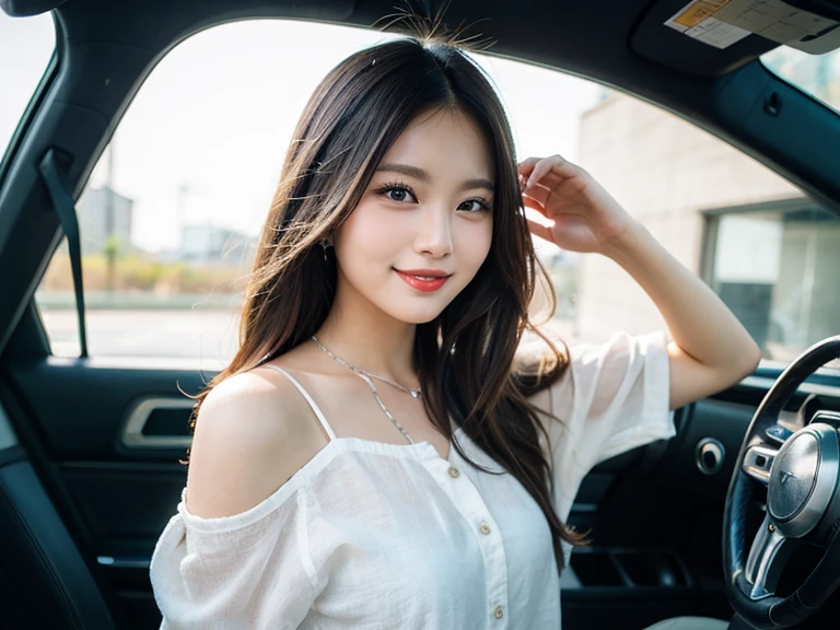 (1 Korean star with royal sister style), ((Best quality, 8K, 巨作: 1.3)), focal point: 1.2, Perfect body proportions: 1.4, (Make a smile),  （Ray traching）,Watery eyes, Highly Detailed Face and Skin Textur, Fine eyes, Double eyelids, Whitens the skin, (long whitr hair, Air bangs: 1.3), (face round: 1.5), (White skinny shirt，blue short pants: 1.4), (Stand next to the car: 1.6),(film grain style:1.3)，a sense of atmosphere，The background is clear，with blue sky and white clouds