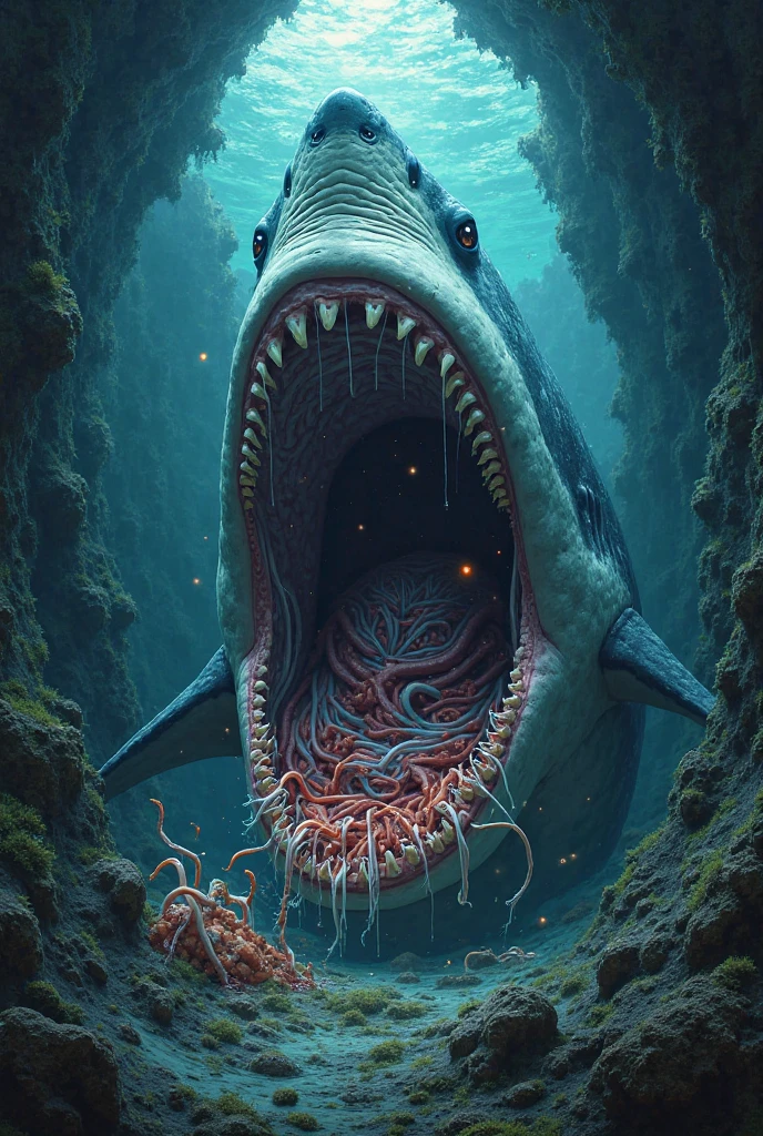 A purple shark eating the Titanic that was sunk by a green cancer