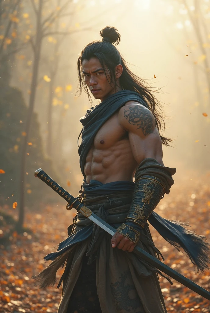 Young man dressed in a kimono posing for photo, with a katana by your side lean and muscular, well-muscled, lean but muscular, beautiful handsome body, very muscular, muscular bodies, shirtless, Muscular men, musculature, Attractive body, well-muscled, muscular build,Gentle face,asian human, 22 -years old, beard