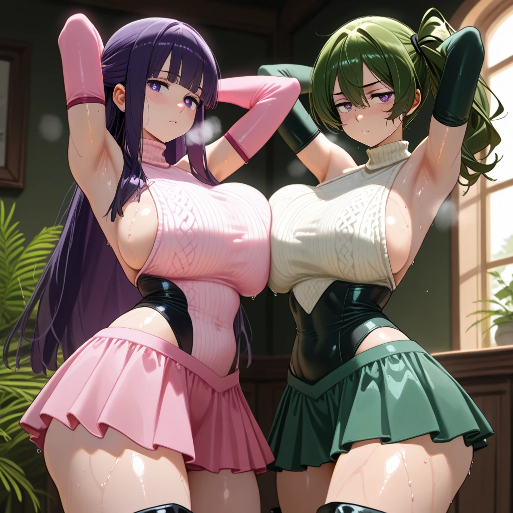 masterpiece, best quality, ultra high res, ultra-detailed, in a crowded classroom, day, near a windows with a beautiful green mountains landscape, (gigantic tits with gigantic cleavage: 1.6), (dense pubic hair: 1.4), lewd slutty face, (naked with black high tights: 1.4), (a group photo of 2 teenager girls kissing between them with their tongues anddropping ton on saliva from their mouth while get penetrated in the vagina and the ass and get cummed inside while being filmed by a crowd: 1.6), (their body are heavely covered in cum: 1.5), sweating, wet, orgasm, cum, ahegao