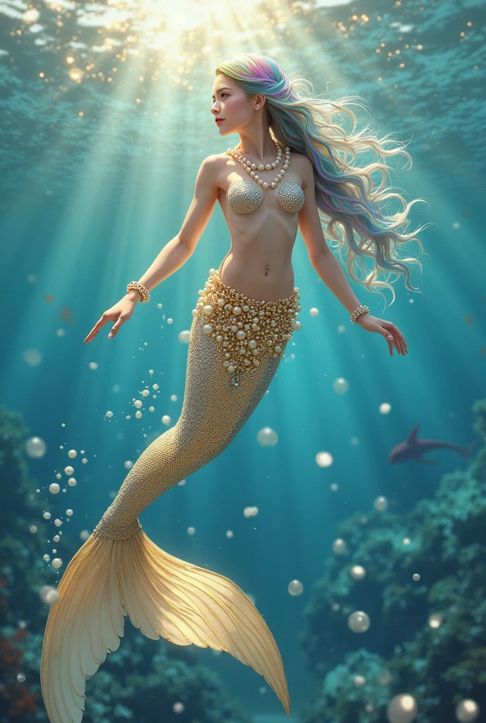 A Mermaid swimming in the clear waters . she wears a simple loincloth and a necklace of shells, showing breast, tight tits, The coral reefs are teeming with marine life, such as fish, turtles, sharks, and manta rays. The islands are covered with tropical forests and white sand beaches. Intricate details and vibrant colors,intricate details, hyper realistic illustration, fantastic painting ,capturing the pristine and diverse beauty of the scene.