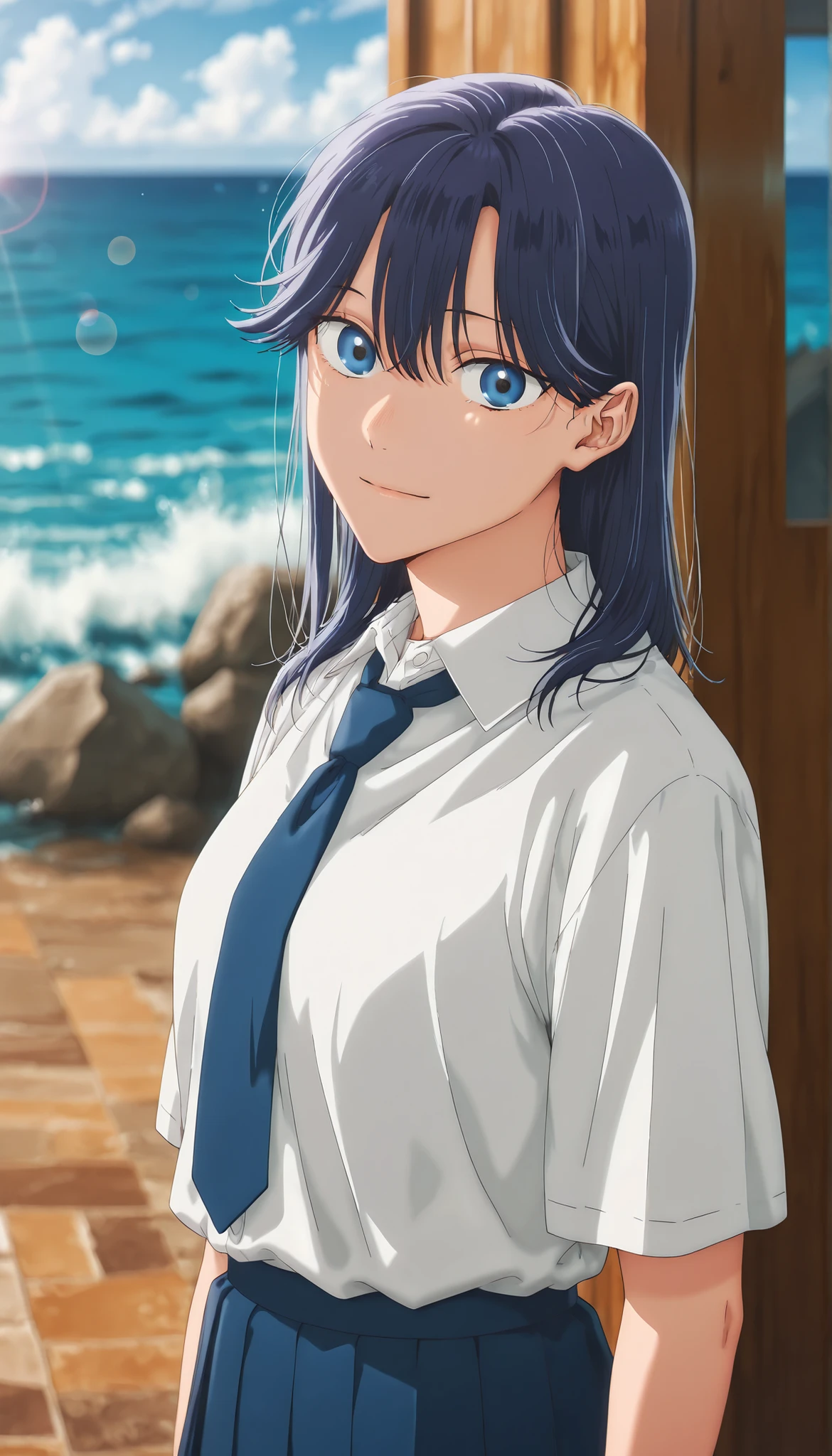 masterpiece, , absurdres, highres, detailed background, high resolution, masterpiece, necessary, detail, best quality, quality, necessary, details, High details, Precise, outdoor, ((sea)), ( dappled sunlight , day , lens flare , blurry background , ), from side:0.7, , , ,
detailed, anime screencap , anime coloring , official style , (aged up), head tilt, light smile,
Break, girl , , <lora:Amaye_Moriya-20:0.8>Ayame, solo, blue eyes, blue hair, medium hair, hair down, long bangs, hair between eyes, sidelock, white shirt, collared shirt, collared bone, necktie, skirt, pleated skirt, ,(small breast), light skin, looking at viewer, ,