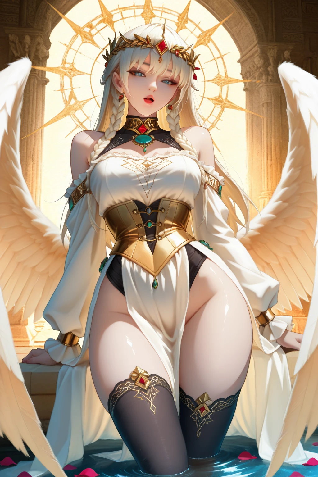 blonder woman, of English descent, black chinese oriental style clothing, full body xianxia, angelic white wings, neckleace, nervous expression, big boobies, big-ass, style cartoon,full body majestic angel, tall female angel, clear outfit design, Mercy do jogo Overwatch (2016), full body xianxia, Full-body image, Full body there is a woman in a dress with wings on a catwalk, Afull body majestic angel, demonic gaze