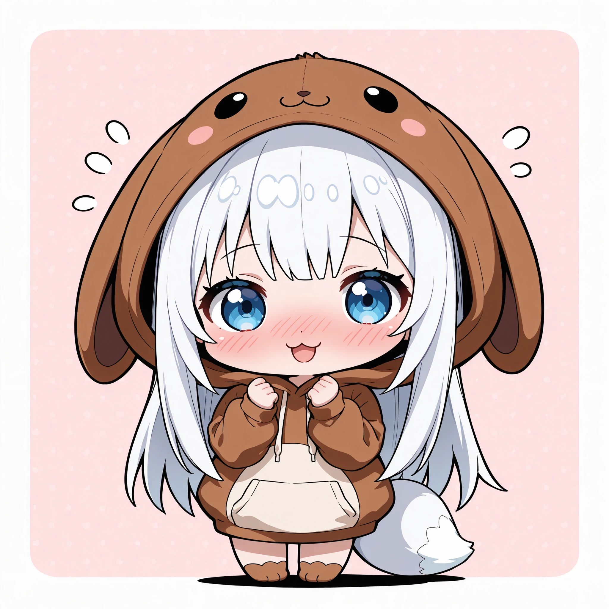 ((Masterpiece)),((best quality)),((incredibly absurdres)),((8K)),(anime style), 
1 (chibi girl),(anime chibi),solo,white hair,long hair,straight hair,blue eyes,baby face,cute,kawaii,(white fox tail),(lop ears),rabbit foot, 
wearing a brown rabbit hoodie,hood up, 
(:3),open mouth,facing down,(blush),(nose-blush),look at viewer,
black outline,bold,