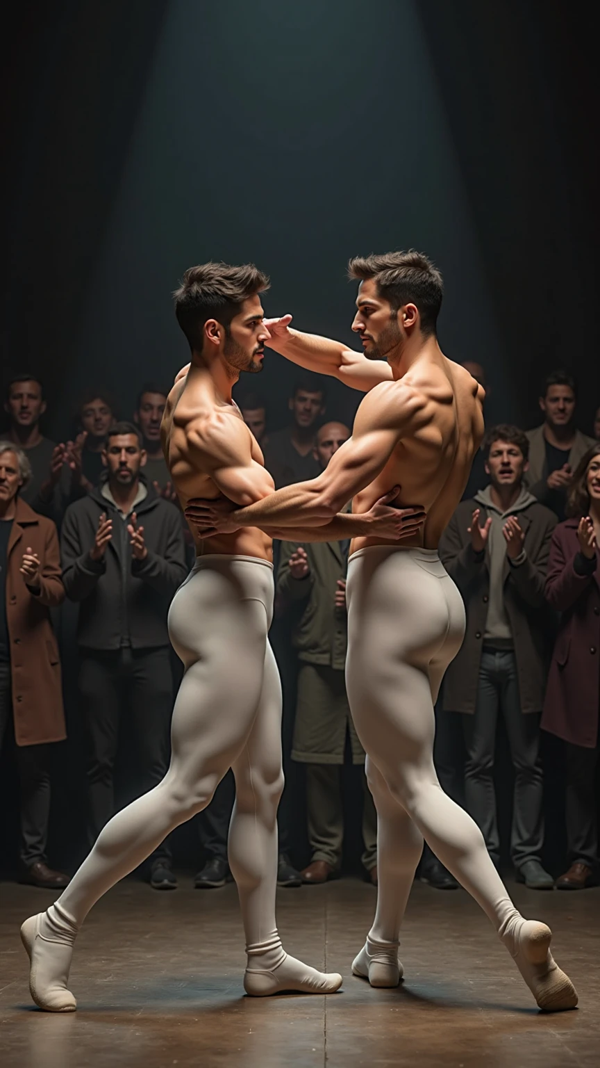 (2 male ballet dancers, nutcracker ballet, prince castrates rat king, male ballet tights, male crotch bulge, buttocks)