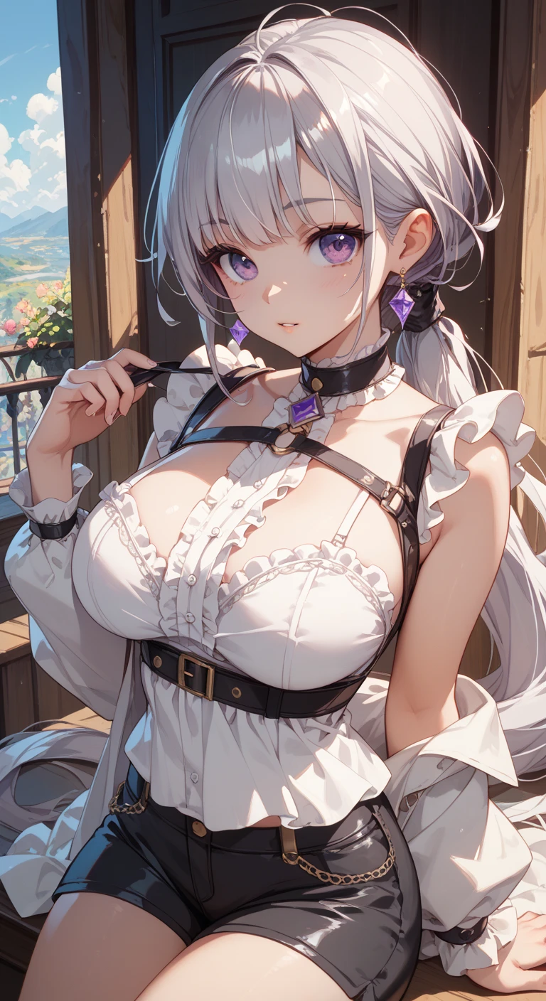 White hair fantasy woman in black dress, 1girll, Breasts, Solo, Very long hair, dress, Very short skirt,cleavage, Purple eyes, ((black cat ears)), Black dress, Gold edges,耳Nipple Ring,jewelry, White hair, Bare shoulders, bangs