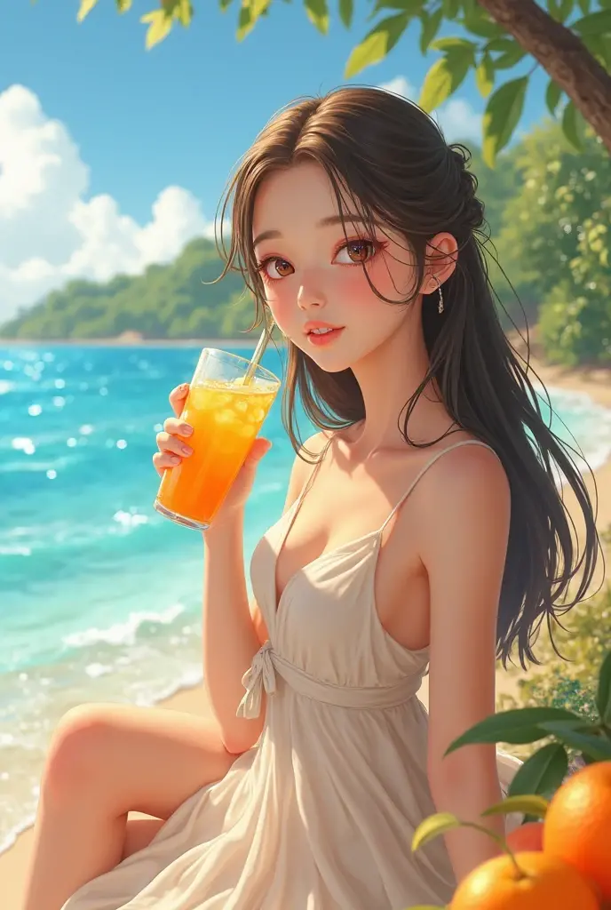 (photorealism:1.2), calm sea, with a sunset, woman sitting on her side on the seashore enjoying with a smile, long black, straight, wet hair and wet white skin, with a beautiful, feminine body, in a green bikini, white nails, brown eyes , with a white can beer in hand, real wet fur details
