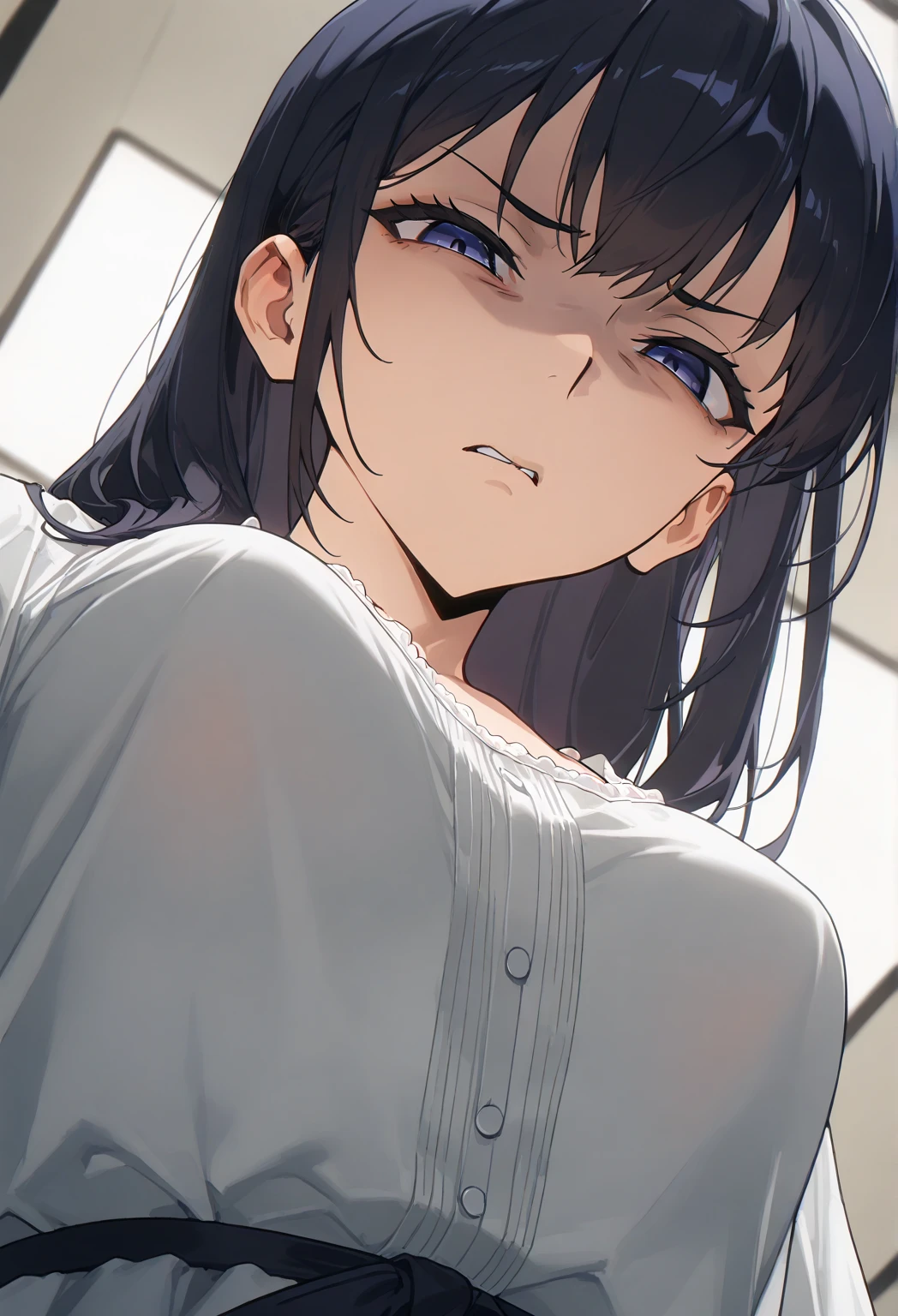 {shiny colors_Hiori Kazano :1.15},black hair, detail gray_eyes, , ((turime ,cat eyes)) ,((Strong light )), 1 girl,,alone, hair between eyes,((torn wet white open T shirt, see-through:1.5)) , ((show off white panties, undress mini skirt )), bare shoulders,,, cleavage, thin thigs, ponytail hair, , beautiful light,, close up face,(( slender body )) ,((class room)) ,((window)), ((sitting)), beautiful upper body, Beautiful body, beautiful character design, perfect eyes, Perfect face, expressive eyes, looking at the viewer,(sitting on liquid),in the center of the image, official art,High Definition CG Unity, Perfect lit, bright_front_face_lit, ,(Highest_quality:1.0),4k,Super detailed, photograph, 8K, nffsw, High resolution, absurd:1.2, kodak portrait 400, film grain, Lens flare, (lively_color:1.2) (beautiful,small breasts:1.4), (beautiful_face:1.3),(narrow_waist),blush, (trouble eyebrow),,