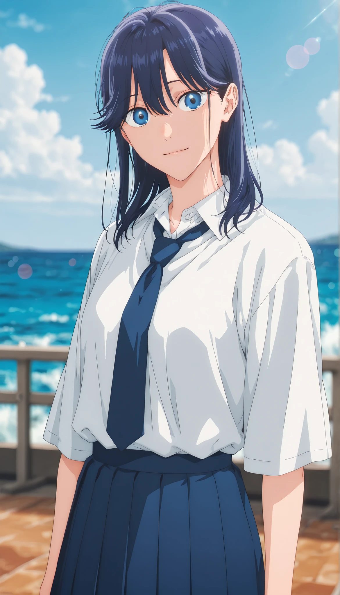 masterpiece, , absurdres, highres, detailed background, high resolution, masterpiece, necessary, detail, best quality, quality, necessary, details, High details, Precise, outdoor, ((sea)), ( dappled sunlight , day , lens flare , blurry background , ), from side:0.7, , , ,
detailed, anime screencap , anime coloring , official style , (aged up), head tilt, light smile,(slender body),
Break, girl , , <lora:Amaye_Moriya-20:0.8>Ayame, solo, blue eyes, blue hair, medium hair, hair down, long bangs, hair between eyes, sidelock, white shirt, collared shirt, collared bone, necktie, skirt, pleated skirt, ,(small breast), light skin, looking at viewer, ,