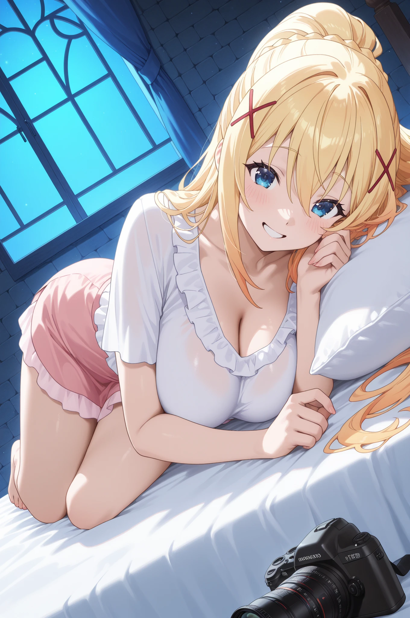Anime girl sitting on the floor in front of the window, seductive anime girl, the anime. soft-lighting, blonde anime girl with long hair, marin kitagawa fanart, beautiful anime girl squatting, ilya kuvshinov with long hair, the anime girl is crouching, smooth anime cg art, painted in anime painter studio, too, loli in dress