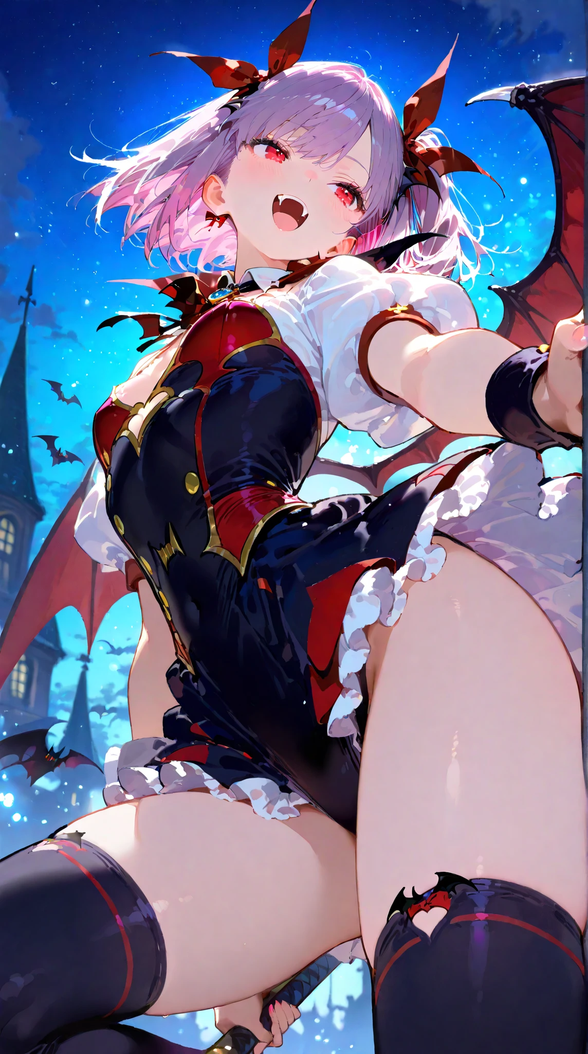 arms behind head,
Lilith, 独奏, demon girl,((Highest quality)), ((masterpiece)),(detailed),High resolution,Sharp focus,Perfect Face,1woman,(complete anatomy),
(非常にdetailed CG unity 8k wallpaper),(((Vibrant colors))),{best illustration},Perfect Fingers,
shiny 肌,very shiny 肌,Shiny body,plastic glitter 肌,exaggerated shiny 肌,illuminated 肌,
((detailedなボディ)),(detailedな顔)), cute,Lewd,erotic,Bold,(erection of nipple),Camel Toe,
One person,Red eyes,Beautiful Eyes,Symmetrical eyes,Big eyes:1.5,Seductive eyes,
Lilith Aensland,very short hair,Purple Hair,slender,(small breasts:1.2),Bat wings on head,bat wings on the back,(Low Wing:1.1), smile, Open your mouth,
Shy laugh,
nsfw, bewitching pose,
ruanyi0154,bondage outfit, elbow gloves, garter straps, hairband, red thighhighs, zipper, clothing cutout,
(extreme close-up of thigh:1.5), (The view is from very close below:1.5), Pushing hips forward, (sitting), Open legs wide, spread legs,
Chinese-style palace,