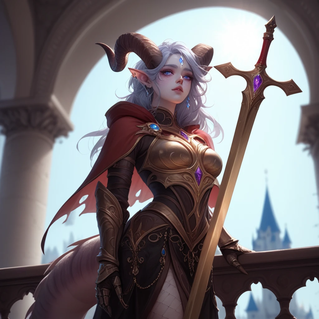 A girl, epic character, dragonborn, mix between human and dragon, gray skin, pink scales, backward facing horn, wearing heavy leather, masterpiece, High-quality, medieval, warrior, D&D style, RPG book character. --auto --s2