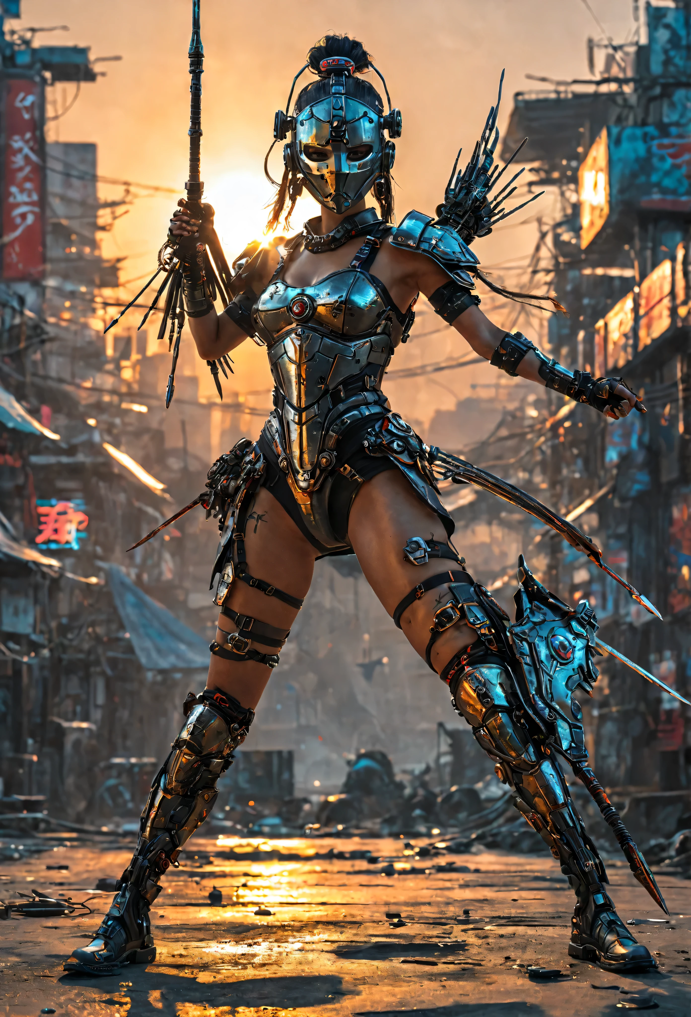 mini style, oil, masterpiece, top quality, wire tiara,  cyberpunk iron mask , Wear a holding spear, volume light, Fighter Pose, Insanely Detailed,  cyberpunk style decoration , Action Pack, Full body standing position, Rising sun background.