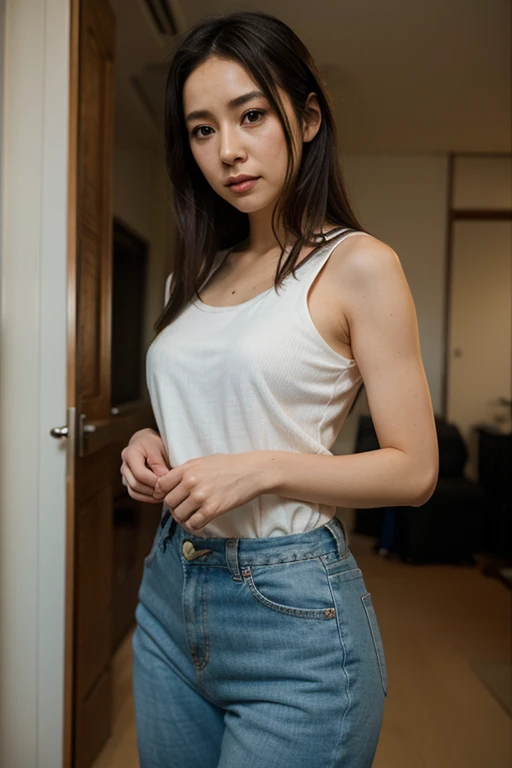 (8K、Raw photography、top-quality、masterpiece:1.2)、(realisitic、Full body posture、poneyTail、Photorealsitic:1.37)、Respectable hips、Beautiful ass、poneyTail、Tank Tops、a miniskirt、Full body posture、Panchira、ultra-detailliert、超A high resolution、女の子1人、see the beholder、beautifull detailed face、A smile、Constriction、(Slim waist) :1.3)、The shirt、Beautiful detailed skin、Skin Texture、floated hair、profetional lighting、