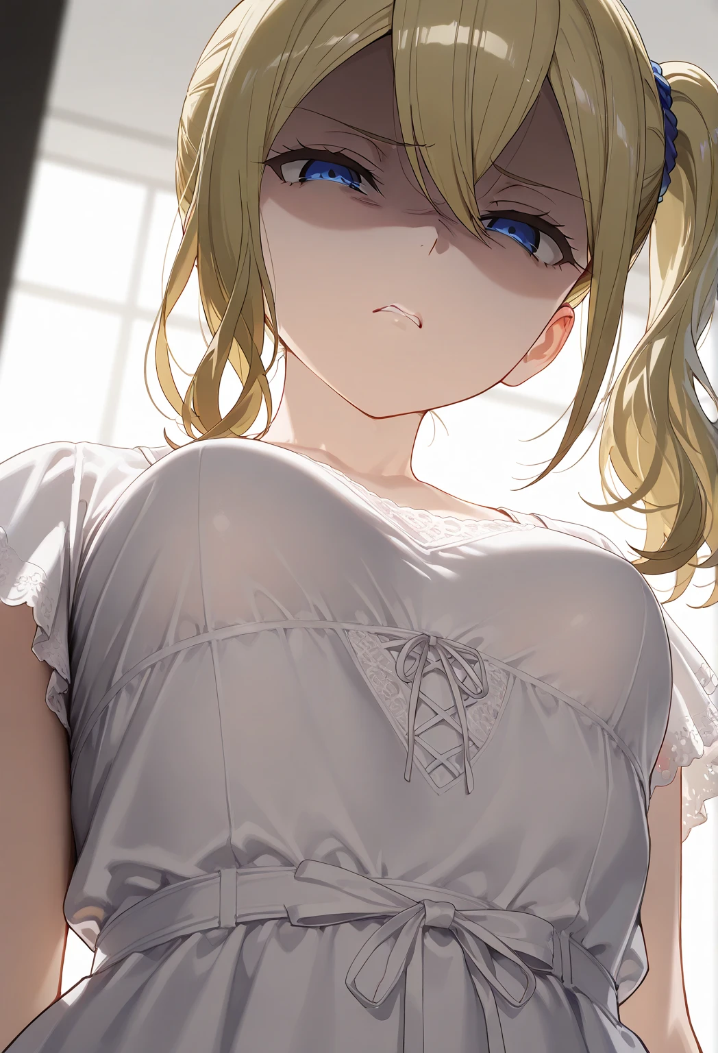 alone, One girl, View your viewers, sketch, Flat Color, 2D, anime, anime coloring, Yellow Hair, Short Hair, ponytail, cowboy shot, Pure white lace bra, ((Pure white lace panties)), Crying face, large breast