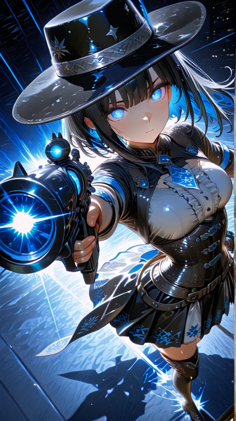 Cowboy-like woman　(Ride a Very Big Horse)　　western drama　wilderness　Dynamic　Exciting　Sexy Outfits　ten gallon hat　　skirt　White Pannier　long black hair　Inner color: Ao　Thigh-High Boots　shiny corset　Action Poses, dynamic angle, close-up, from above,Rushing forward　Open your chest beautifully　Shoot a Blue Laser Gun　one big-eyed monster behind a woman