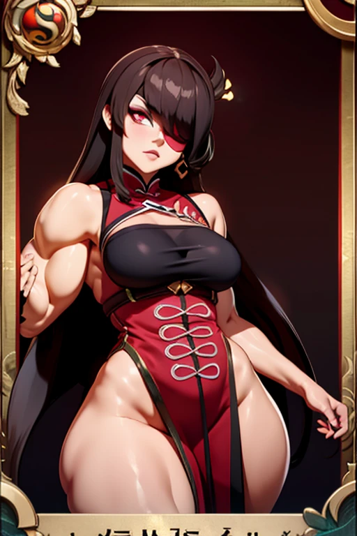 Hews style, 1girl, beidou_(genshin_impact), breasts, solo, long_hair, gloves, cleavage, thighhighs, eyepatch, muscular_female, muscular, fingerless_gloves, brown_hair, earrings, dress, hair_ornament, jewelry, biceps, large_breasts, black_gloves, cleavage_cutout, clothing_cutout, pelvic_curtain, chinese_clothes, bare_shoulders, white_background, simple_background, hairpin, boots, hair_stick, red_dress, flexing