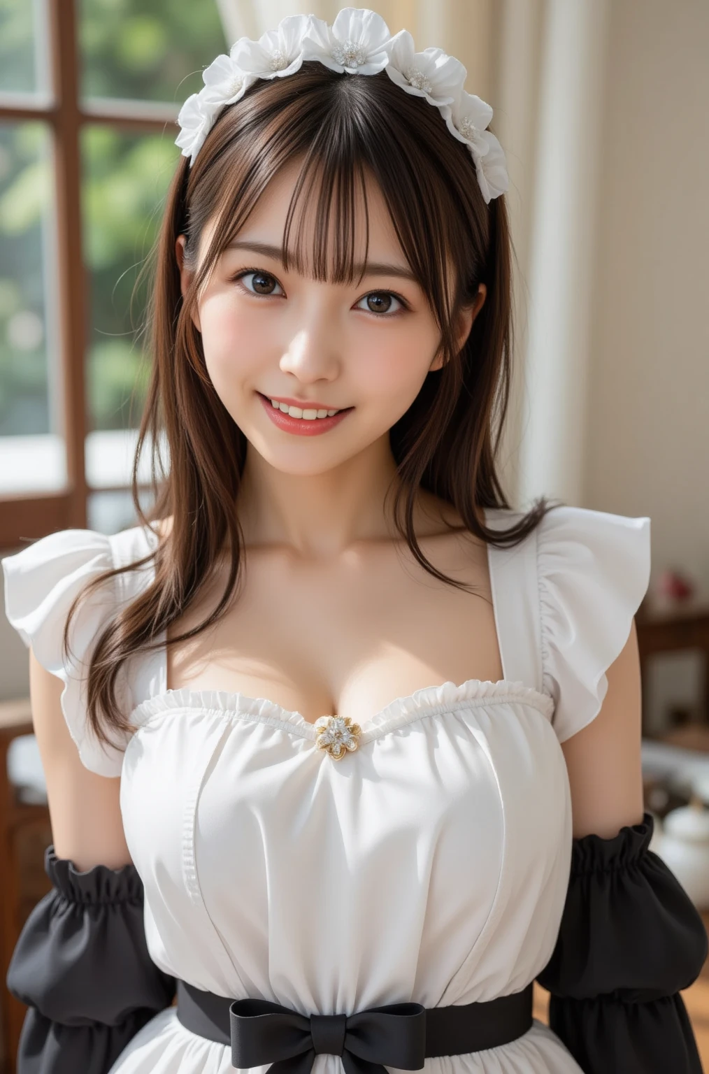 girl, White skin, ((Dark brown short tiered hair)), V cut with layers and bangs, Brown eyes, Soft atmosphere characteristics (Highest quality, Ultra-high resolution, 8K, RAW Photos, Ultra-high resolution: 1.2, masterpiece: 1.3), (Realistic, Realistic: 1.37), Very detailed, Professional Lighting, Photon Mapping, Radio City, Physically Based Rendering, One Girl, （high school girl）, Sharp focus:1.2、Beautiful woman:1.4,cute, Nice, Adorable, smile, Normal chest, necklace、(Cleavage)、Gothic Lolita Fashion、Earrings、Belly button、Pink and black gothic lolita outfit、Ocean岸、Ocean、Fluffy skirt、Selfie