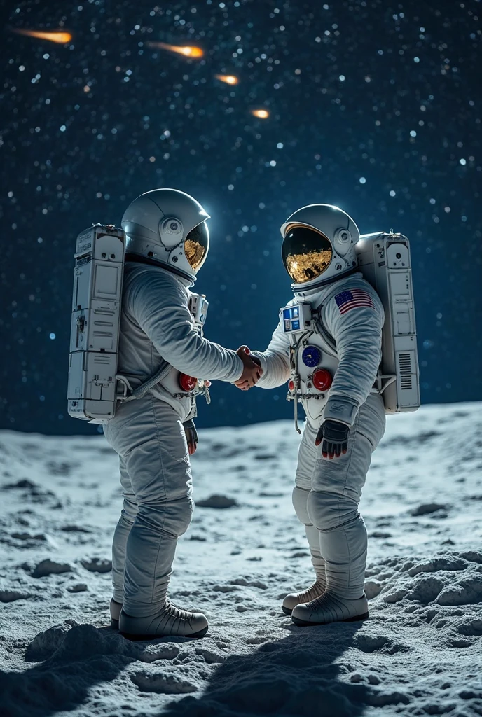 masterpiece,photorealistic,best quality,two astronauts posing on the moon,