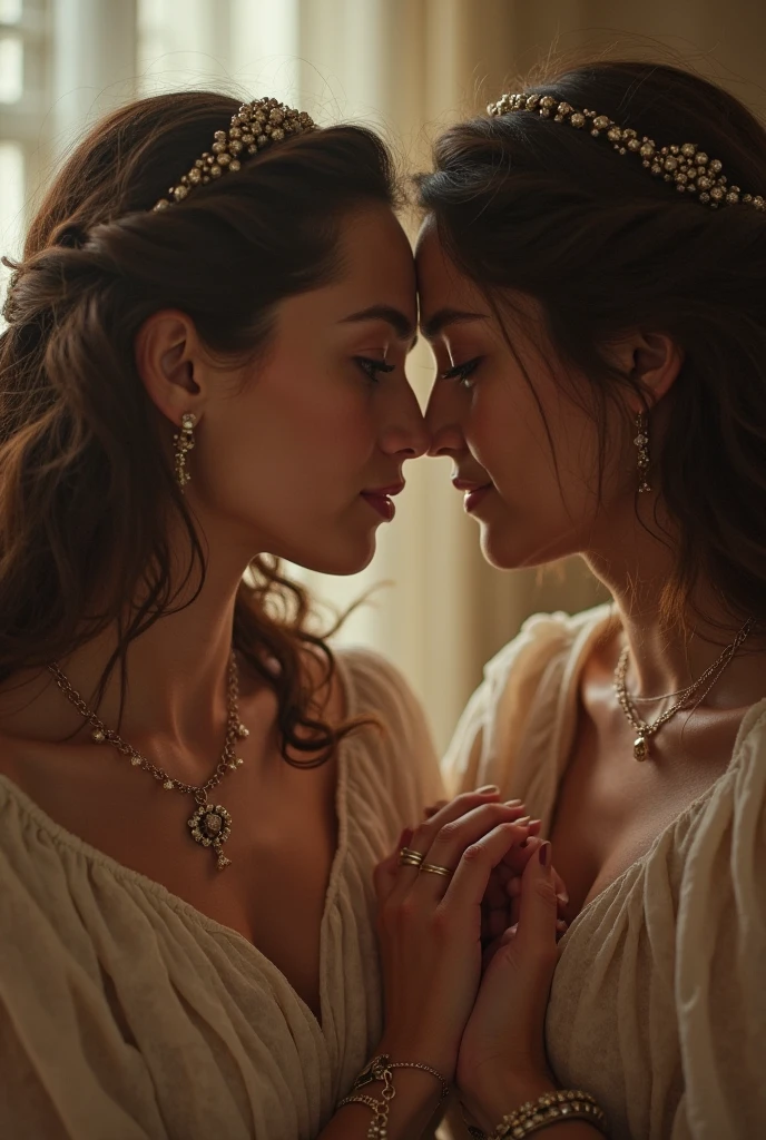 (best quality,4k,8k,highres,masterpiece:1.2),ultra-detailed,(realistic,photorealistic,photo-realistic:1.37),victorian romance,victorian era fashion,couple kissing,man holding woman's chin,1 boy with short black hair,1 girl with long blonde curly hair,soft focus,opulent and elegant atmosphere,warm lighting