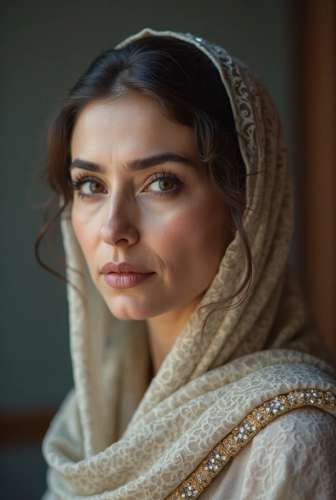 Middle-aged, beautiful woman, brown eyes, with a veil on her head.