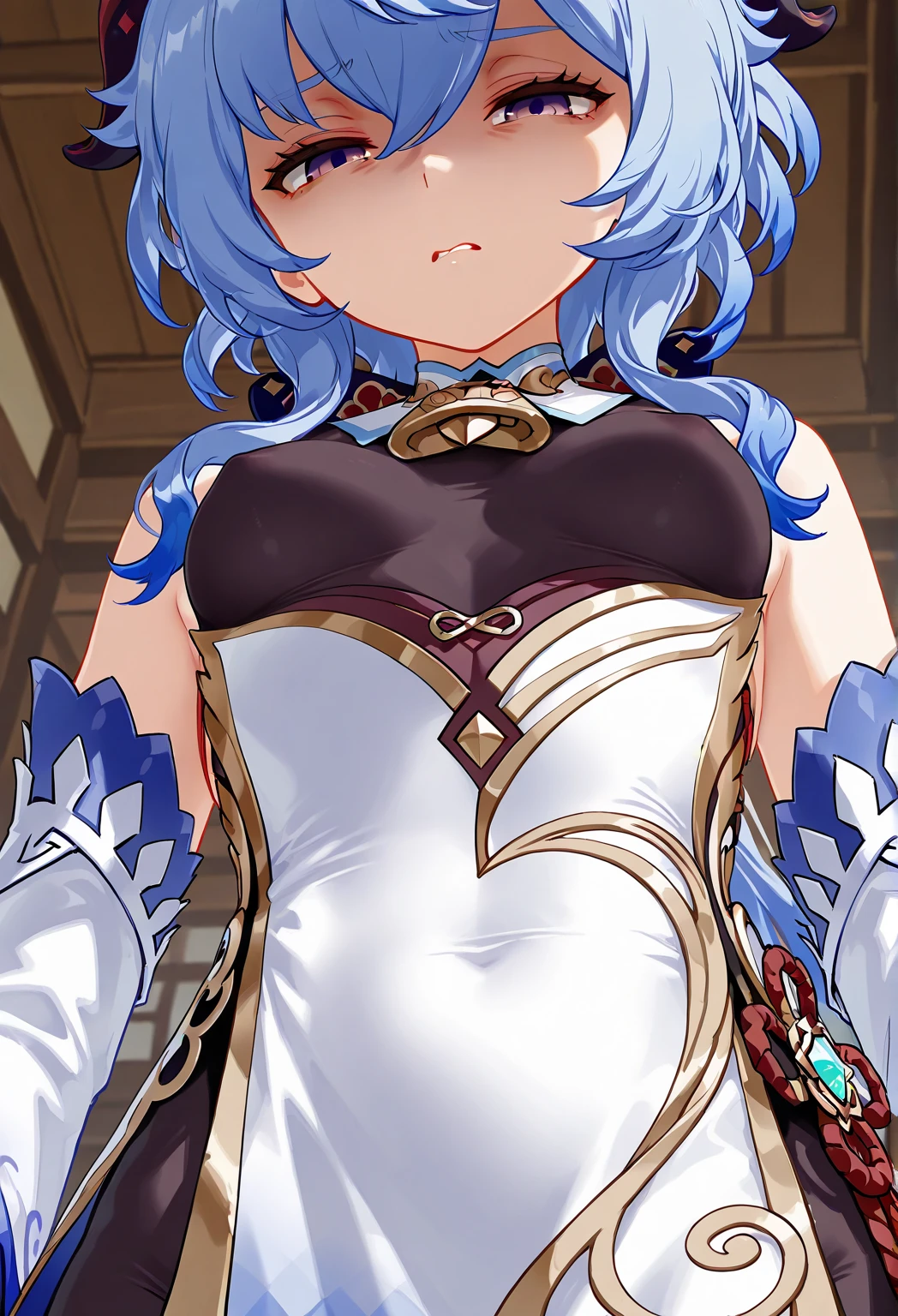 Beware,Masterpiece,Top Quality,High Resolution,Highly Detailed,Star Town Suisei, blue hair, one side ponytail, blue eyes, small breasts, white leotard, detachable sleeves, micro mini skirt, knee high socks, adventurer&#39;s guild, reception counter,. Embarrassed,Blushing,Expecting face,(molester),(strong faced man),man puts his hands on her waist and hugs her,Rape,Tattered clothes