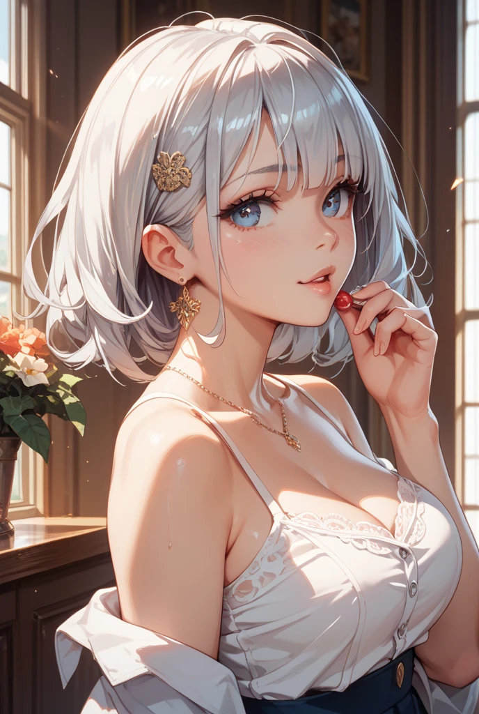 masterpiece, highest quality, 8k, Absurd, (Full body front view:1.4), ((((Beautiful white hair))))、((White haired Japanese woman)))、(Short wavy white hair:1.5)、beautiful girl, Cute Face, eye shadow，Looking at the audience, Laughter, Surreal, High resolution, photograph, Film Grain, chromatic aberration, Sharp focus, Hmph, Face Light, Dynamic Lighting, Cinema Lighting, Professional Shadow, Simple Background, (Dull grey background:1.4), Most detailed, Very detailed, Very detailed, finely, Real Skin, Delicate features, Detailed face and eyes, Sharp pupils、Realistic student、(Korean、Japanese、Chinese:0.3)、((:1.3))、Natural Shading、((Thin pubic hair))、K-POPアイドル)Calm and happy like a goddess、(((The chest comes out、Nipples)))、(((Between Strandheim)))、Look at the viewer with your whole body､Choker on neck､Earrings