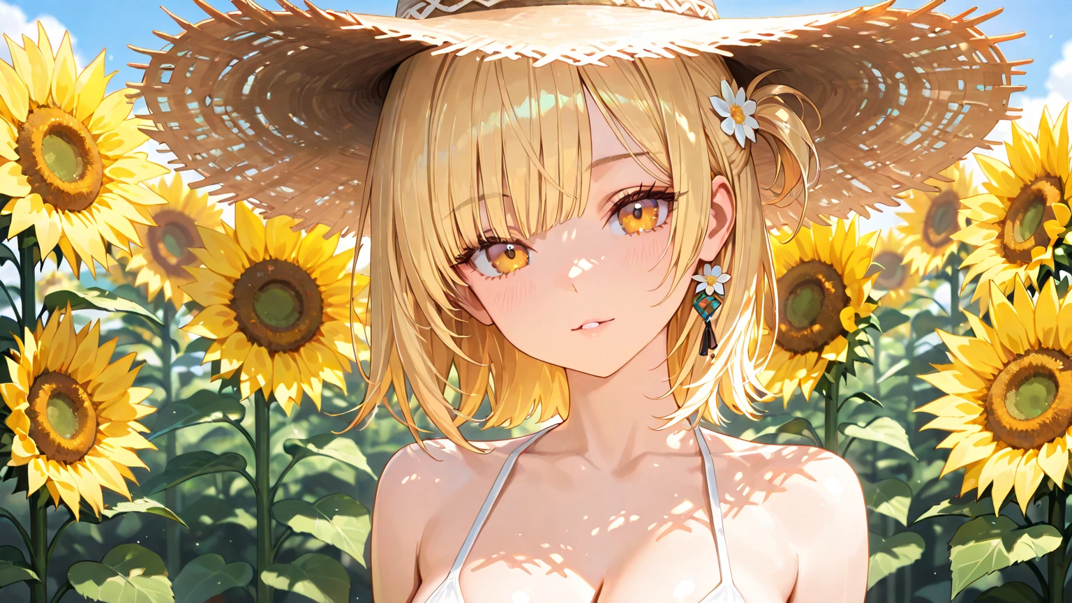 [WAI-ANI-NSFW-PONYXL:100],
score_9, score_8_up, score_7_up, score_6_up, score_5_up, score_4_up, masterpiece, best quality, source_anime, rating_safe,
1girl, Relax on a deck chair by the resort pool, on side, on deck chair, flowers blooming in vivid colors, sunlight,
BREAK
18yo, large breasts, blonde hair, short hair, red eyes, (dark-skinned female:1.4), (gold neckless:1.5), cleavage,
smile, half-closed eyes,
BREAK
wears white one-piece swimsuit, (gold embroidery on swimsuit:1.2), sunflower, print swimsuit, sunhat,

