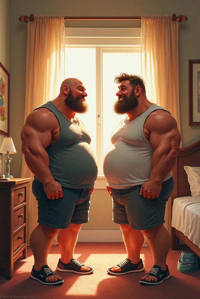 Strong and tattooed Homer Simpson and Peter Griffin lifting weights at the gym