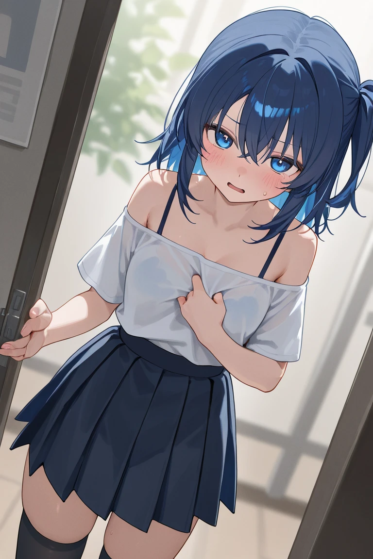 ((masterpiece)),(best quality),official art,extremely detailed CG,unity 8k wallpaper,ultra detailed,beautiful detailed eyes,extremely detailed face,classroom,1girl,solo,upper body,(portrait:1.5),looking at viewer,facing viewer,smile,happy,Shiiba Sayaka,ahoge,blue hair,shiny hair,low twintails,hair intakes,hair between eyes,bangs,blue eyes,open mouth,bare shoulders,off shoulder,collarbone,hawaiian shirt,open shirt,camisole,spaghetti strap,midriff,small breasts,navel,hands on hips,watch,blue shorts,unbuttoned shorts,striped panties,blue stripes,sandals,<lora:Shiiba Sayaka(umed):0.8>,