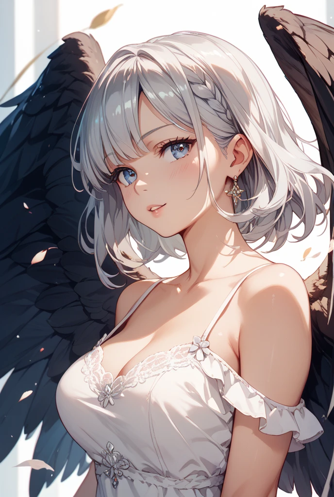 ((((masterpiece, best quality, high resolution)))), (1girl:1.5), white hair, bob cut, purple eyes, average breasts, blush, light smile, glow, thighs, bare shoulders, collarbone, narrow waist, cleavage, (beautiful detailed face, beautiful detailed eyes), (oversized short faux fur coat, white lace bra, ripped denim shorts, high heels),
