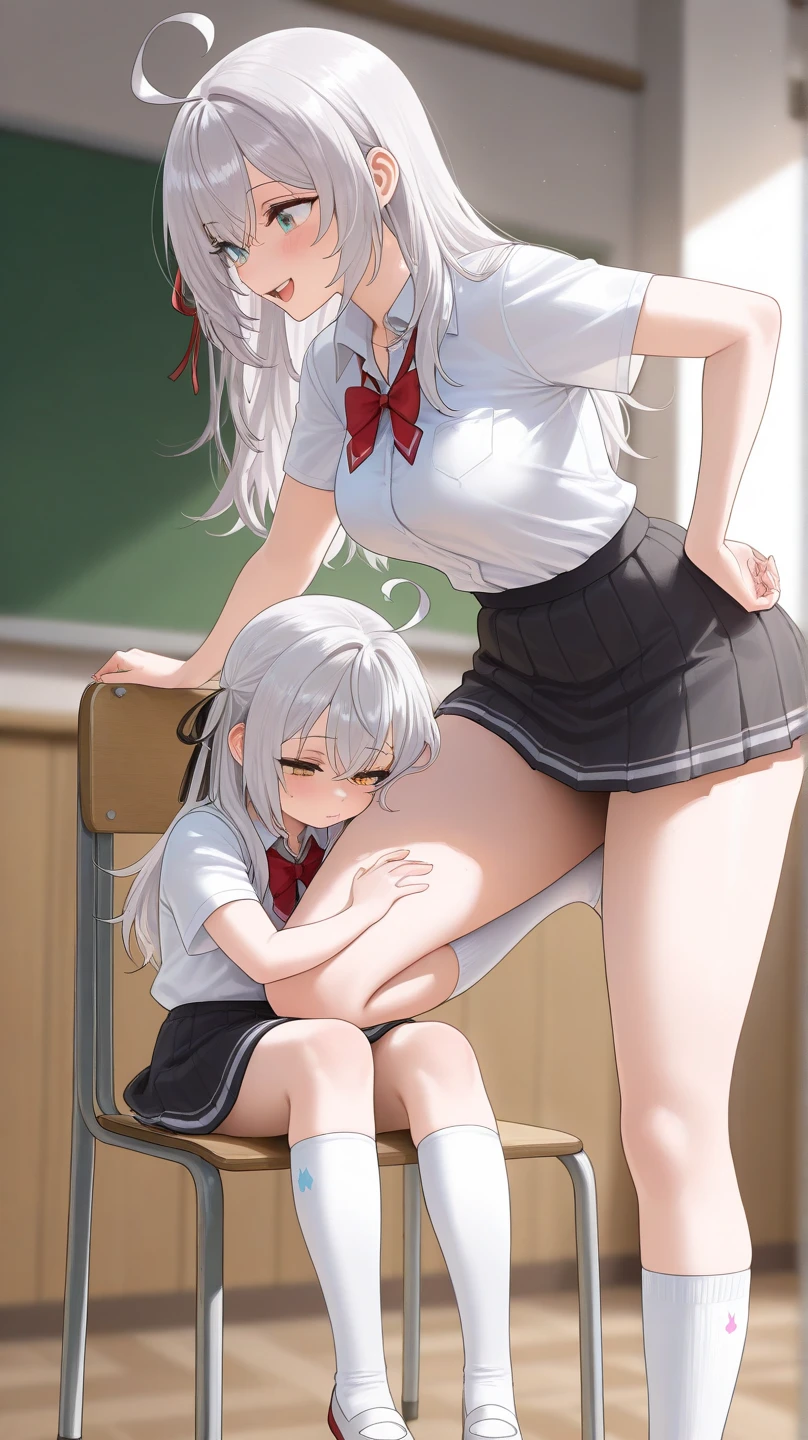 futa on male, sex, masterpiece, best quality, beautiful, fine, cowgirl position, mature female, mature male, spasm, heart eyes, skirt, classroom, uniform, crossdressing, trap, shota, sweat, partial nudity, huge breasts, flat chest, ahegao, heart-shaped pupils, mouth open, tongue out, cumming, fucked silly, large penis