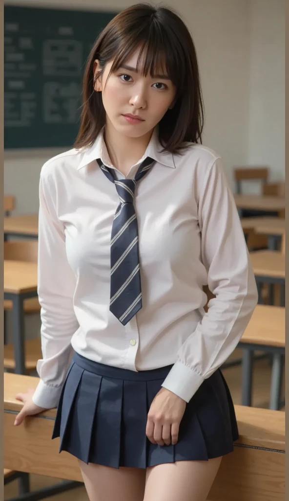 ((masterpiece, highest quality, High resolution)), 1 Japanese girl, (Realistic: 1.4),Great face and eyes, iris, 15 years old, Medium Hair, (Beautiful Hair:1.5), (Large Breasts、Saggy breasts:1.3), Glowing Skin, (Schoolgirl uniform、White blouse、Navy blue pleated skirt:1.2), Sit at a desk, Voluptuous thighs、School classroom, Smooth, Highly detailed CG composite 8K wallpaper, High resolutionのRAWカラー写真, Professional photography, Light, BackLight, dream-like, impressive, Written boundary depth