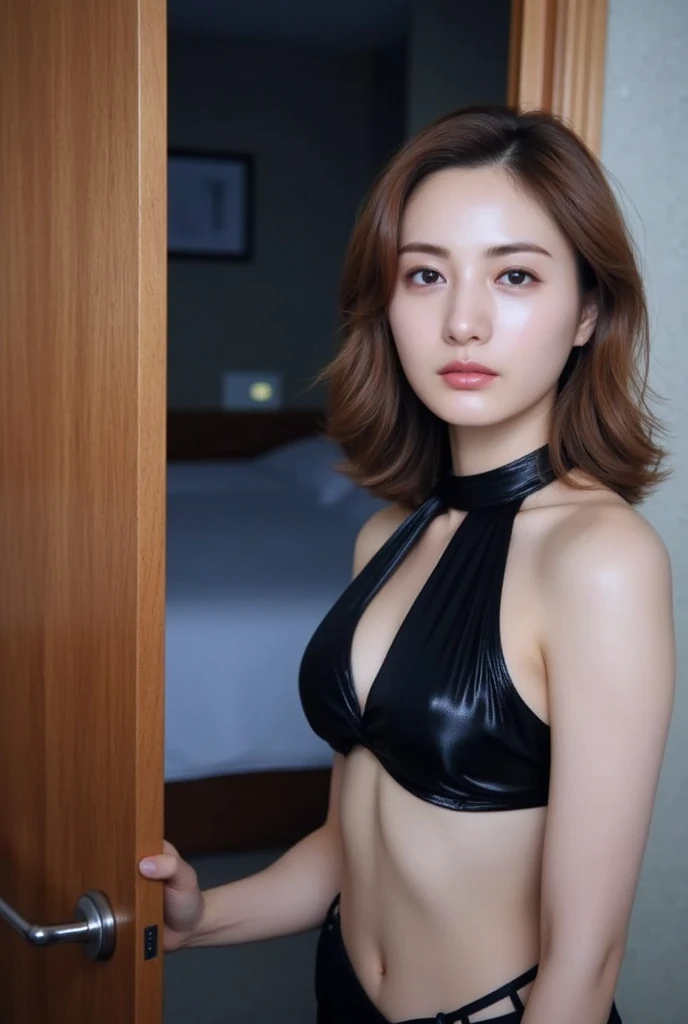 highest quality, masterpiece, ultra high resolution, (photorealistic: 1.4), ((sit and spread your legs))、Raw photo, KPOP Idol, Black Hair Ponytail, shiny skin, wet body, dramatic lighting, Full body Esbian, Bitch, Yellow Micro Bikini, huge boobs、open your mouth、(hands behind head)、Full body Esbian、choker、high heels、