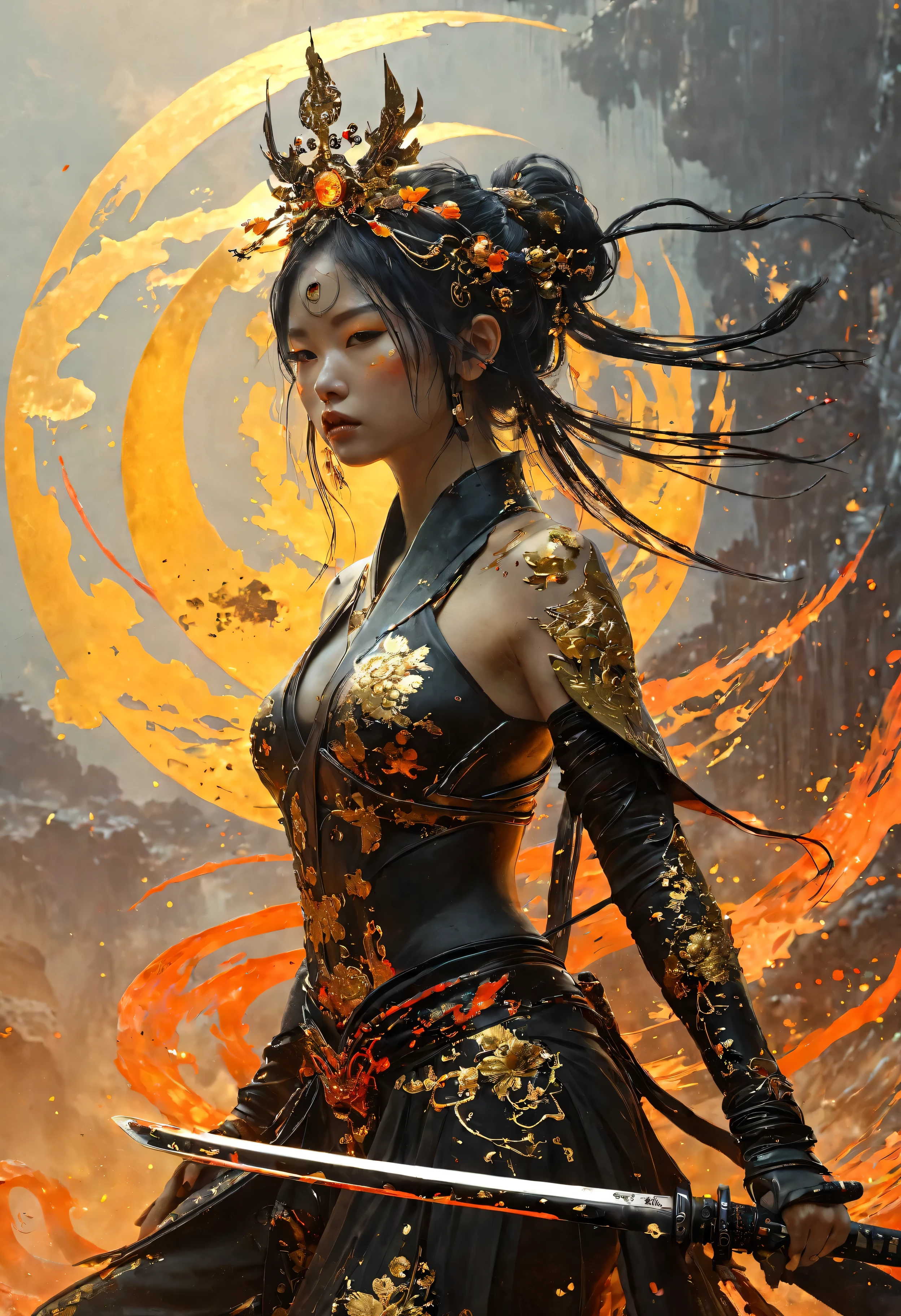 mini style, oil, masterpiece, ((超masterpiece))top quality,  hell lava art by Yoann Lossel ,  Tom Haugomat's color style , wire tiara, (beautiful face)Wear a holding cyber katana, volume light, Fighter Pose, Insanely Detailed,  cyberpunk style decoration , Action Pack, Full body standing position, Rising sun background.