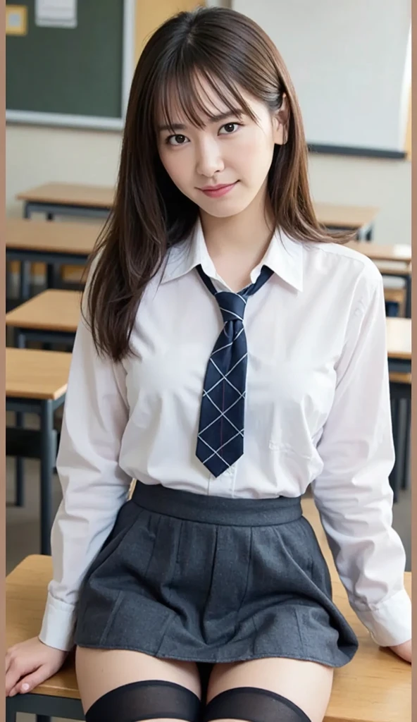 ((Brown Hair)), ((Gal)), ((Breast enlargement)), (masterpiece, Highest quality:1.2), 8K, Young and beautiful girl, 85mm,Official AR RAW Photos, (Baby Face), ((Small face)), (((Super big breasts))), Detailed nipples, Show me your ears、photo shoot, Cute face, Thighs, Classroom after school, Looking at the audience, (M-shaped legs), Embarrassing、smile、Natural Makeup, Film Grain, chromatic aberration, Sharp focus, Face Light, Bright lighting, 10 generations, Detailed face, Background blur、((((((14 year old high school girl))))))、Narrow waist, ((Schoolgirl uniform, Checkered pleated mini skirt)), (Sexyパンティー), sit with your legs open, Sexy, Seductive look