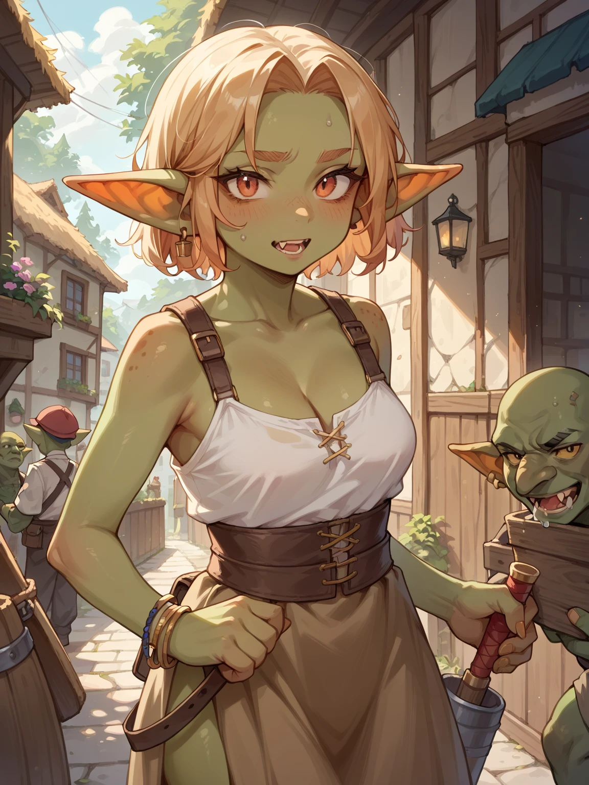 Adult female, seductive, lovely, freckle on chin, tall, big breasts, olive skin, female orc, attractive, fantasy, animal hyde clothing, sheathed sword on back, small and dull tusks, woods, forest, kneeling, soft-green irises, fully clothed, sundress, smile, maternal, highly detailed, specific detail, perfect detail, l