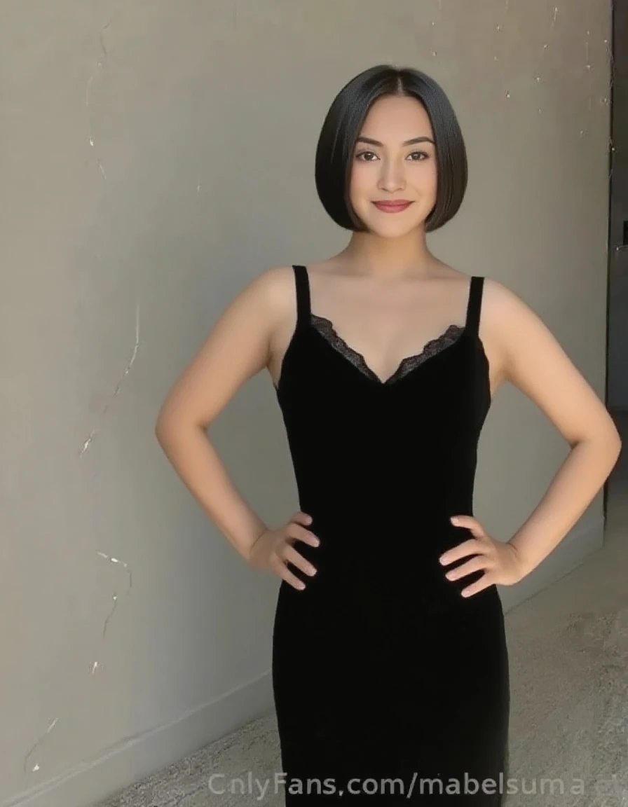 there is a woman standing next to a cake with a star, com cabelos curtos, usando um vestido preto, she is wearing a black dress, usando um vestido escuro, usando vestido preto, usando um vestido cintilante, com cabelos pretos, imagem de qualidade muito baixa, taken in the early 2020s, usando um vestido formal