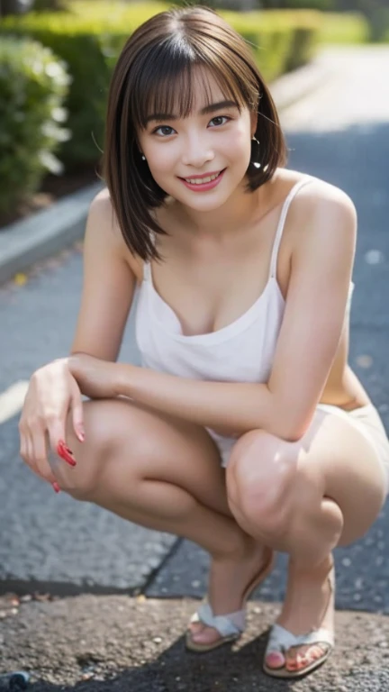 Higher image quality、More realistic、Japanese、10Women in their early teens、Big Breasts、How tall are you145cm、A super mini thin white tank top、The tank top is too small and her chest is sticking out、The bottom is a white high leg leg, showing her skin.、naked、Crouching posture、Spread your knees from side to side、公園のベンチの上でCrouching posture、