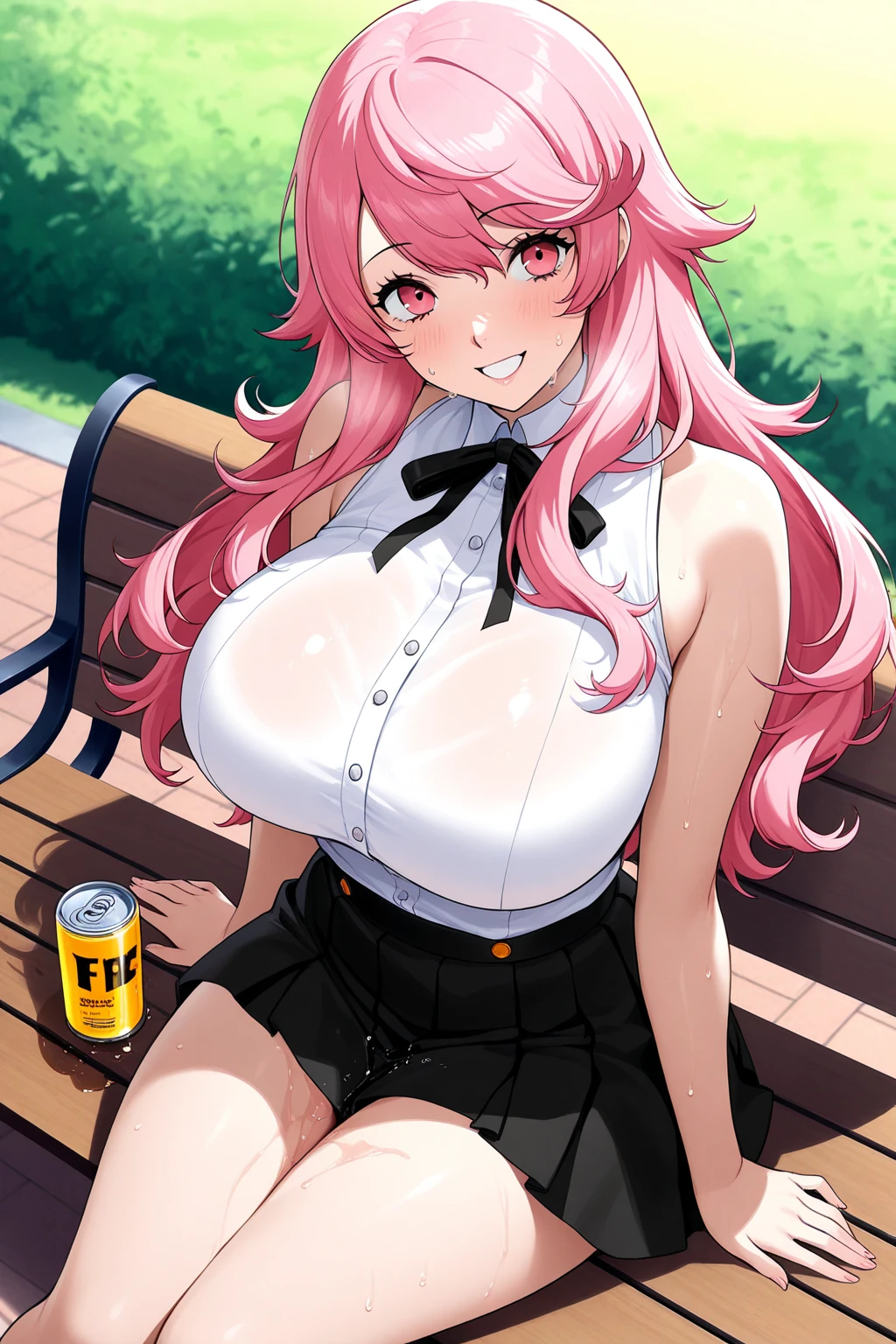 1girl, solo, sexy detailed face, <lora:kaori(sdxl):0.4> kaori, long hair, pink hair, bangs, brown eyes, eyebrows visible through hair, bare shoulders, large breasts, bubble tea, bubble tea challenge, cup, disposable cup, cup between breasts, cup balanced on breasts, drink, drinking with no hands, drinking straw, day, depth of field, hands on hips, high-waist pants, looking at viewer, midriff, navel, outdoors, pants, sky, solo, sports bra yellow, sweat, yoga pants, (low angle shot:1.2), shadows, ray tracing, outdoors, crowded park, sun light, natural light, very aesthetic, best quality,