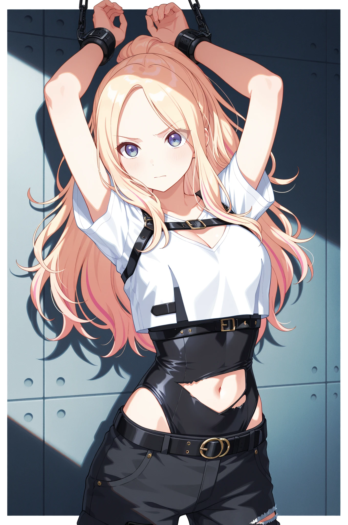 score_9、score_8_up、score_7_up、score_6_up、blackmyst-dh、BREAK、、One girl、、shirtが胸の上、Small bare breasts、Big blue、Black beanie、黒いカーゴ shorts、Long straight brown hair、Toned body、Turquoise Eyes、Dull blonde hair、Two Tone Hair Color、Long Hair、Hime cut、(Micro Skirt:1.2)、Pleated Skirt、Thigh-high socks、とてもLong Hair、オレンジ色のshirt、Fingerless gloves、shorts、Bandaged arm、Bandaged thighs、shirt、結んだLong Hair、Adhesive plaster on the nose、Elbow pads、ponytail、黒いshorts、、、Pelvic Curtain