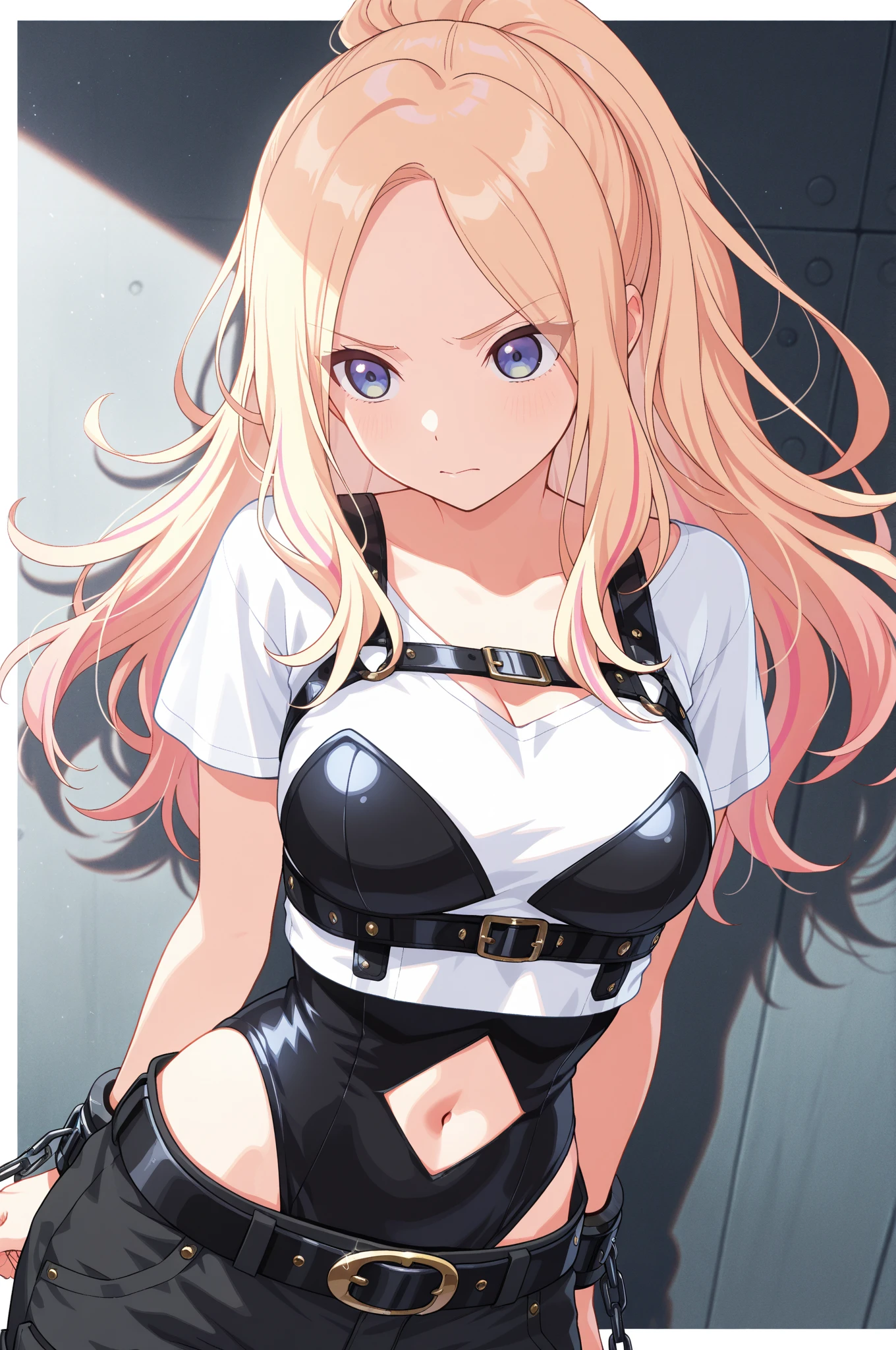 top-quality、Top image quality、tmasterpiece、Girl vs((18yr old、右肩に♡のタトゥー、Black navel vest、White pants、Best bust、Bust 85、The blonde、poneyTail、Blue eyes、Open chest wide、blissful、chain accessories、Black wristband on the wrist、on the floor on all fours,slenderness))hiquality、visual art、Background with((blue room))、masutepiece