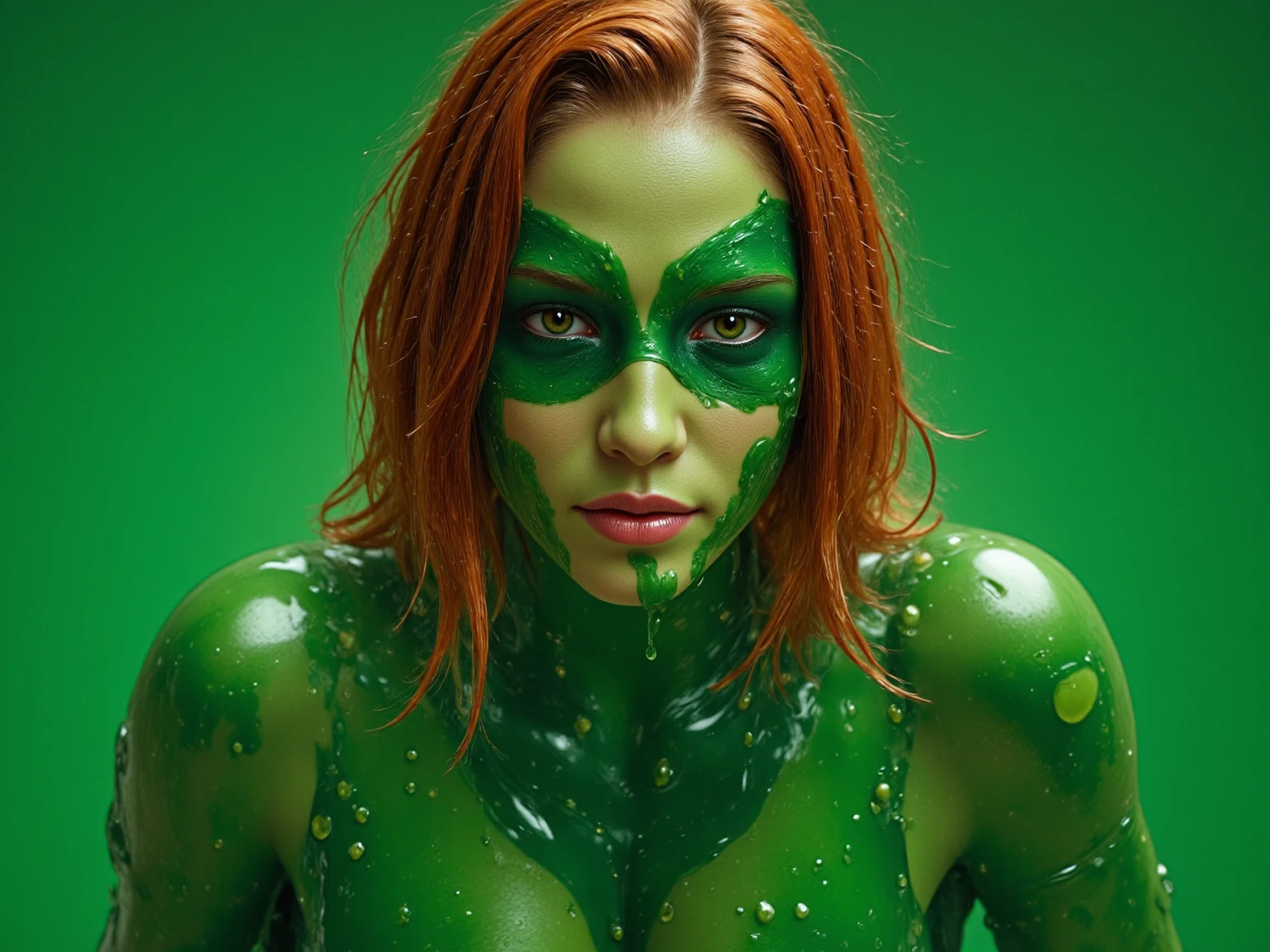 Nina Dobrev as poison ivy, (green body paint), shy, embarassed, (((hands between legs))), standing in a bar