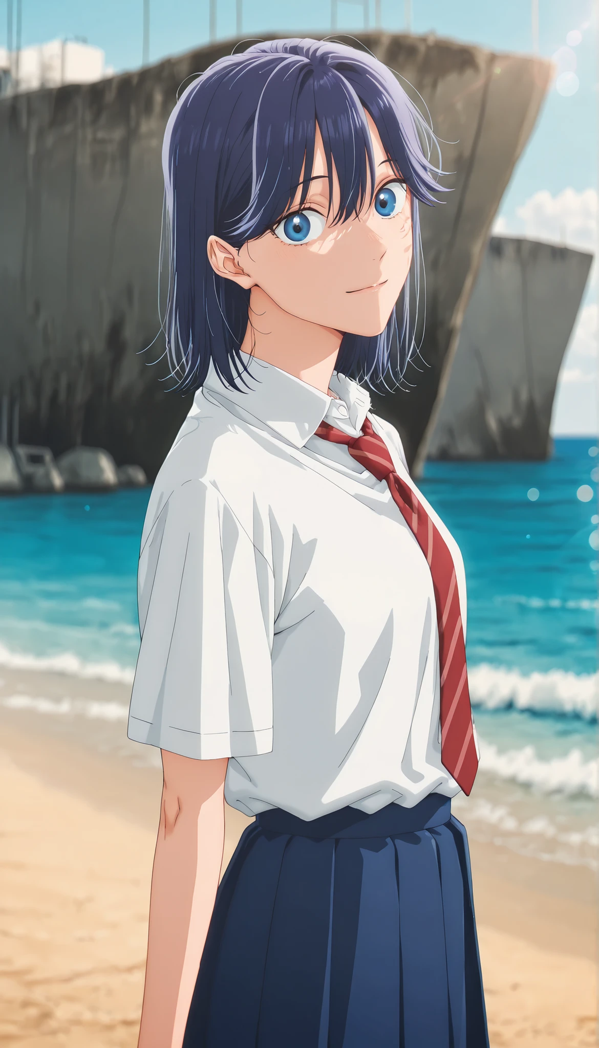 masterpiece, , absurdres, highres, detailed background, high resolution, masterpiece, necessary, detail, best quality, quality, necessary, details, High details, Precise, outdoor, ((sea)), (dappled sunlight ,day ,lens flare ,blurry background), from side:0.7, , , , 
                                                                                                                                                                                                                                                                                                                                                                                                                                                  
detailed, anime screencap , anime coloring , official style , (aged up), head tilt, light smile,(slim body, slender body),

Break, girl , , <lora:Amaye_Moriya-20:0.8>Ayame, solo, blue eyes, blue hair, short hair, hair down, long bangs, hair between eyes, sidelock, white shirt, collared shirt, collared bone, red necktie, striped necktie, skirt, pleated skirt, ,(small ), light skin, looking at viewer, ,