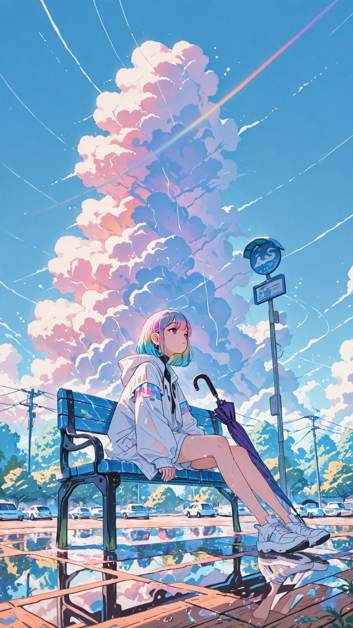 a calm anime girl with short rainbow-reflective hair and a slightly oversized jacket, sitting alone on a wooden bench at a quiet bus stop after a summer rain, a closed umbrella resting beside her, her legs slightly dangling as she gazes off into the distance, the wet pavement glistening under faint sunlight, a subtle rainbow faintly visible through the clouds above, reflections of passing cars on puddles nearby, overhead power lines and a soft breeze in the trees, cyberpunk accents like holographic patches on her sleeves, neo-anime style, high detail, gentle and reflective atmosphere

