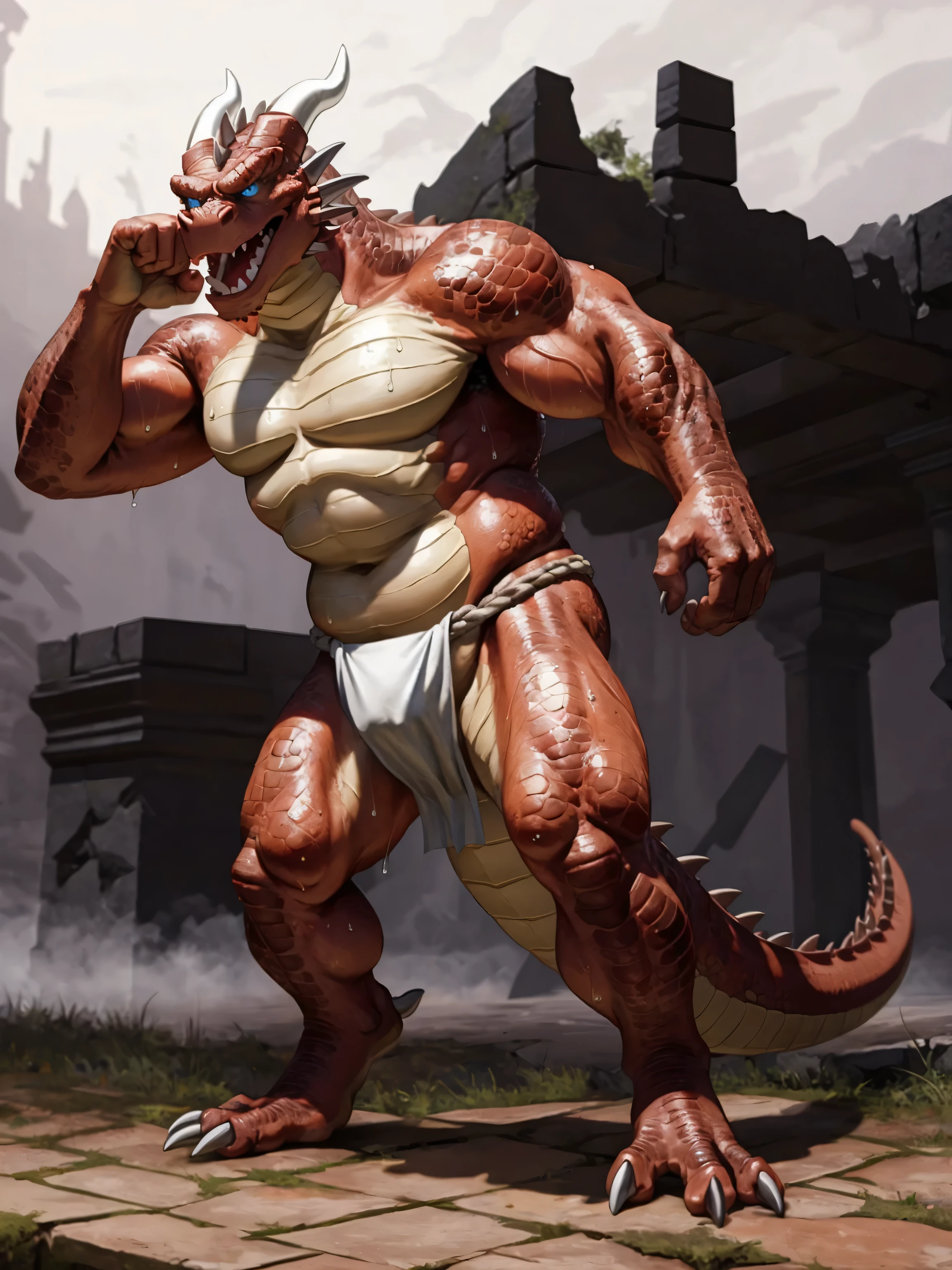 solo, anthro, furry, furry male, Alligator, ((spiny scales, scale, detailed muscles)), (Dinosaur print), orange body, yellow abs, tan chest, snout, huge pectorals, big muscles, yellow eyes, tail, detailed teeth, detailed face, detailed scales, detailed face, mono-colored body, glowing scales, detailed eyes, padded armor,tribal wear, armor, barbarian attire, full body, claws, (oasis), (by null-ghost,by raccoon21, masterpiece, high quality, hi-res,8k), standing,close-view portrait, looking at viewer, outdoor, aggressive, angry, raging, menace, detailed sky,