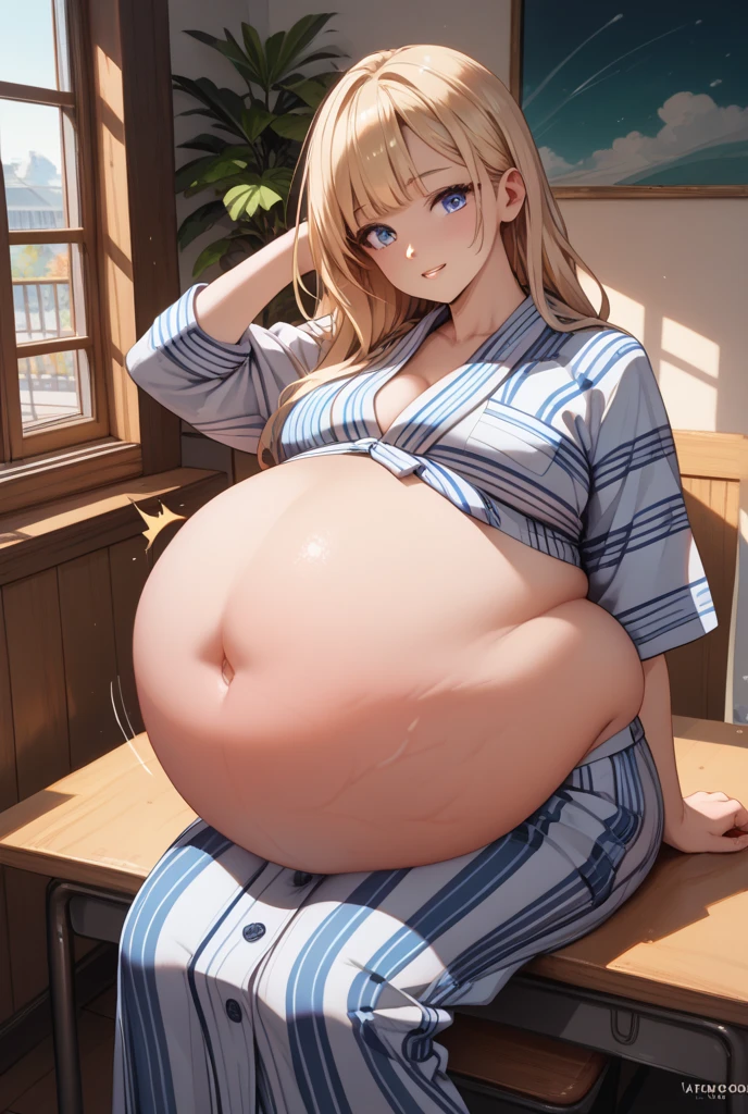 Render of a pregnant woman sitting by a table