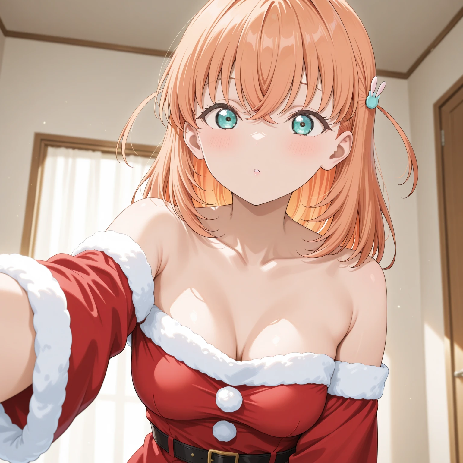 Miku Nakano, Miku Nakano chicke iii, Long hair, Twin-tailed,Bangs, Blue eyes, Brown hair, hair between eye, headphones, Christmas 、Sexy Santa、Too much skin exposure,She uses her arms to push her breasts to create cleavage.,テーブルの上のChristmasケーキ,Christmasツリー,in a house,natta,Yuki,red blush,笑顔
BREAK looking at viewer, (Cowboy Shot:1.5), (Upper body:1.5),
BREAK (masutepiece:1.2), Best Quality, High resolution, Unity 8k壁纸, (Illustration:0.8), (Beautiful detailed eyes:1.6), extra detailed face, Perfect Lighting, extremely details CG, (Perfect hands, Perfect Anatomy),